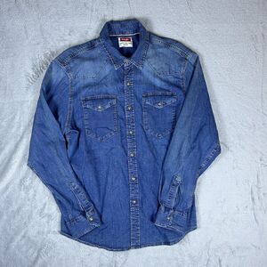 Wrangler Western Shirt Mens Large Blue Stretch Chambray Pearl Snap Cowboy